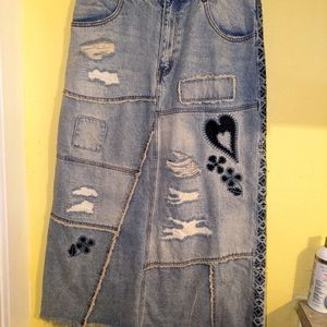 We The Free Maxed Out Patchwork Distressed Denim Skirt Missing Corded Belt